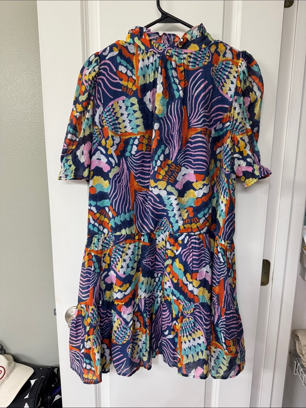 Boutique TCEC Multicolor Abstract Print Button-Front Tiered Mini Dress Size L - Picture 7 of 7